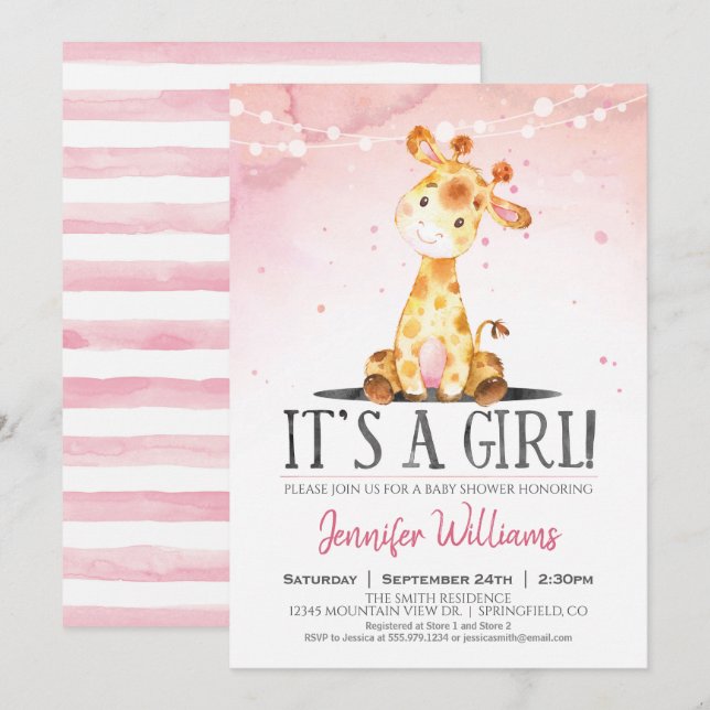 Pink Giraffe Baby Shower Girl Invitation (Front/Back)