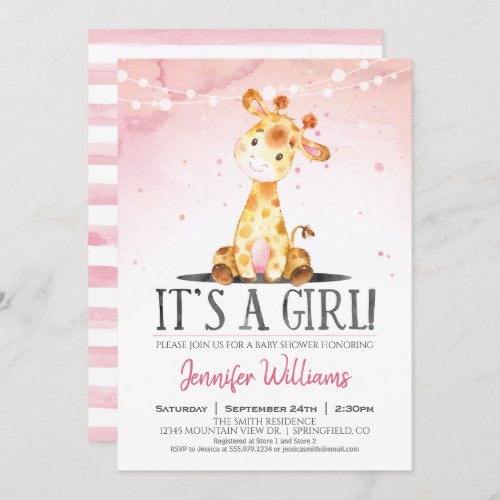 Pink Giraffe Baby Shower Girl Invitation