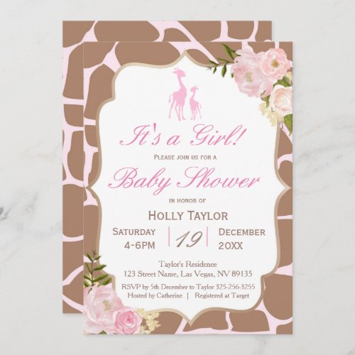 Pink Giraffe Baby Shower Invitation