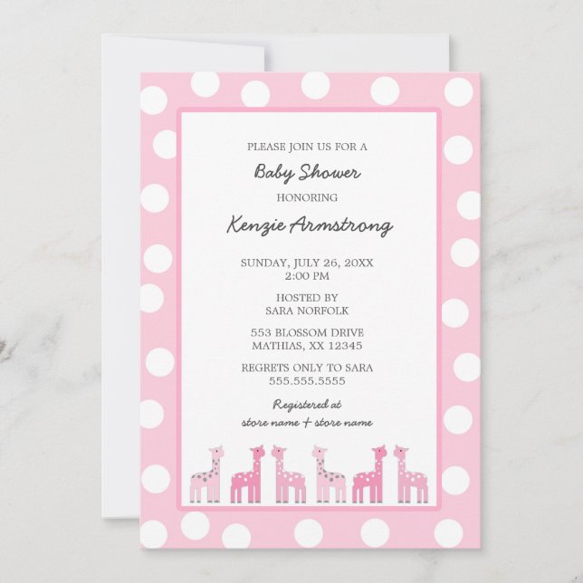 Pink Giraffe baby shower or birthday party Invitation (Front)