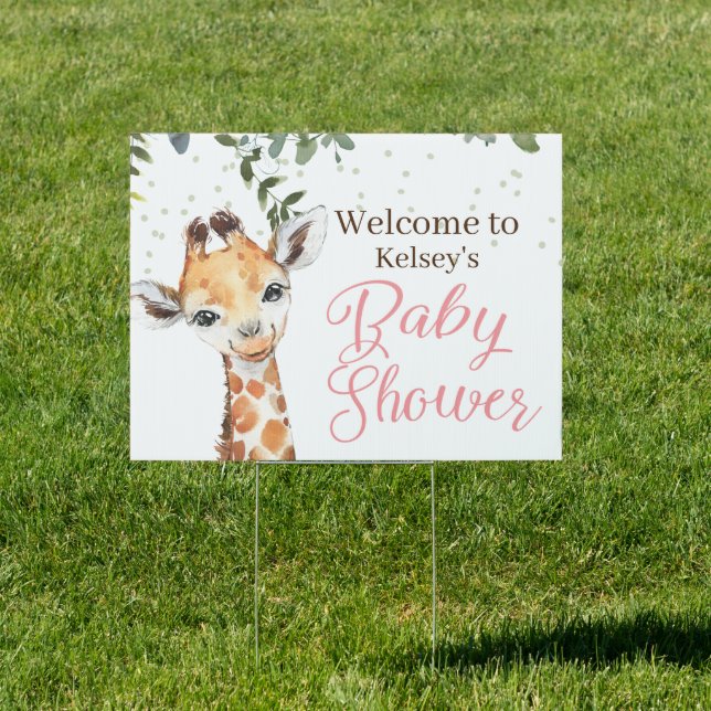 Pink Giraffe Baby Shower Welcome Yard Sign (Insitu)