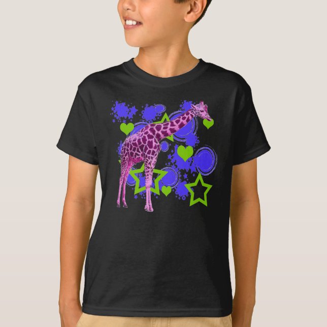 Pink Giraffe Blue Green Stars Hearts T-Shirt (Front)