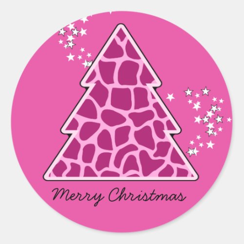 Pink giraffe Christmas Tree Classic Round Sticker