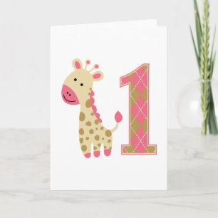 Pink Giraffe First Birthday Card