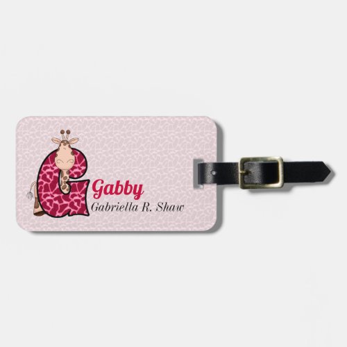 Pink Giraffe for Girls Letter G Animal Print Luggage Tag