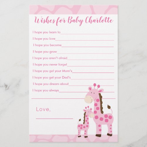 Pink Giraffe Girl Baby Shower Wishes for Baby