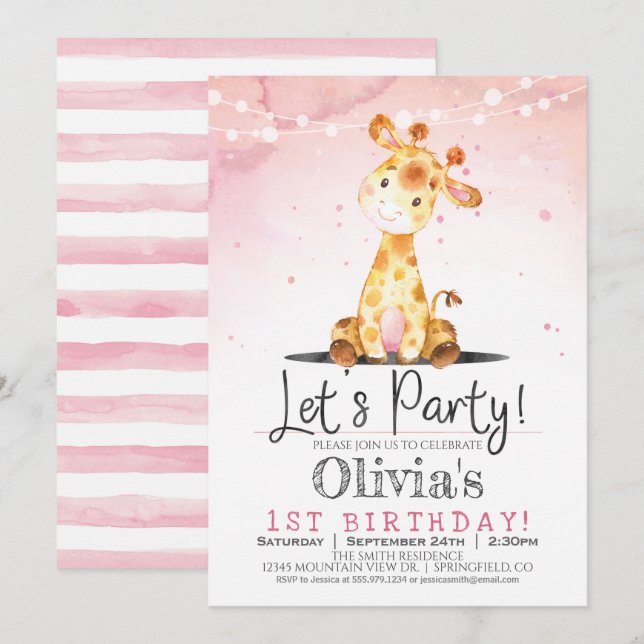 Pink Giraffe Girl Birthday Party Invitation (Front/Back)