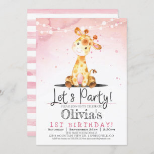 Pink Giraffe Girl Birthday Party Invitation