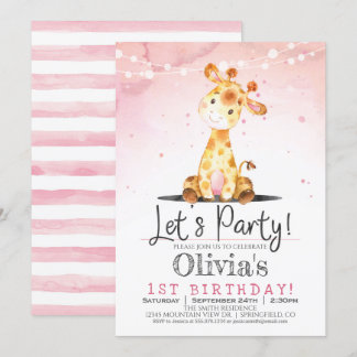 Pink Giraffe Girl Birthday Party Invitation