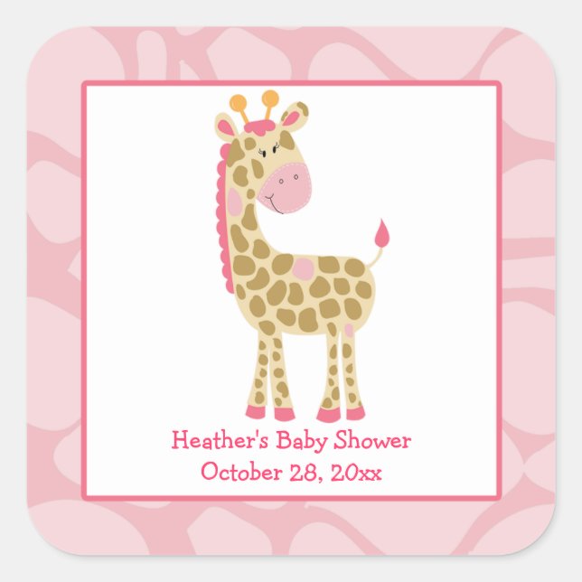 Pink Giraffe Girl Safari Square Favor Stickers (Front)