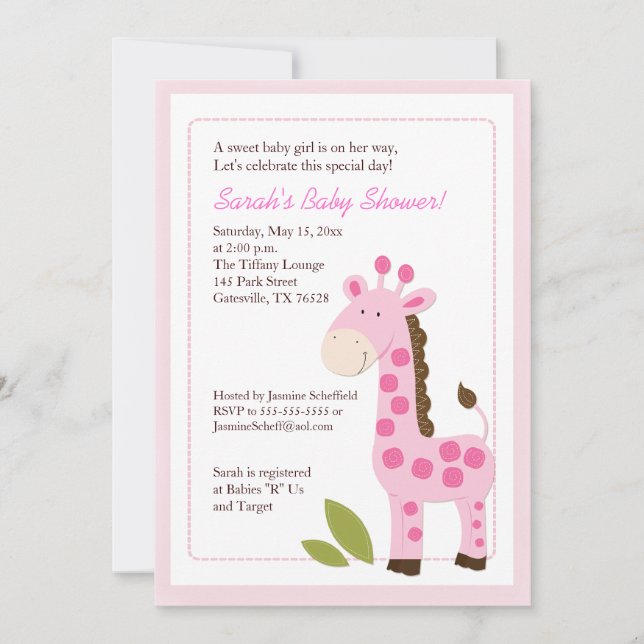 Pink Giraffe Jungle 5x7 Baby Shower Invitation (Front)
