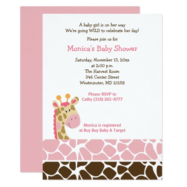 Pink Giraffe Jungle Safari Baby Shower Invitation