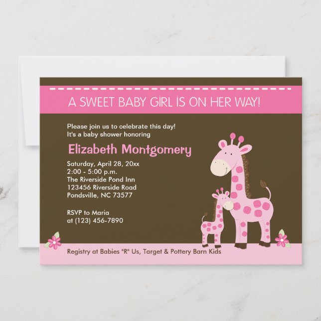 Pink Giraffe Mommy and Baby Girl Shower Invitation (Front)