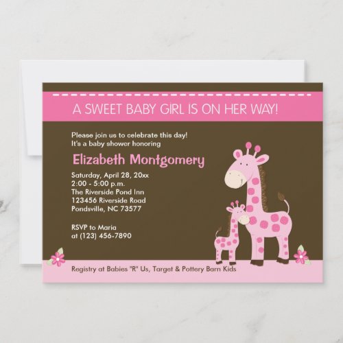Pink Giraffe Mommy and Baby Girl Shower Invitation