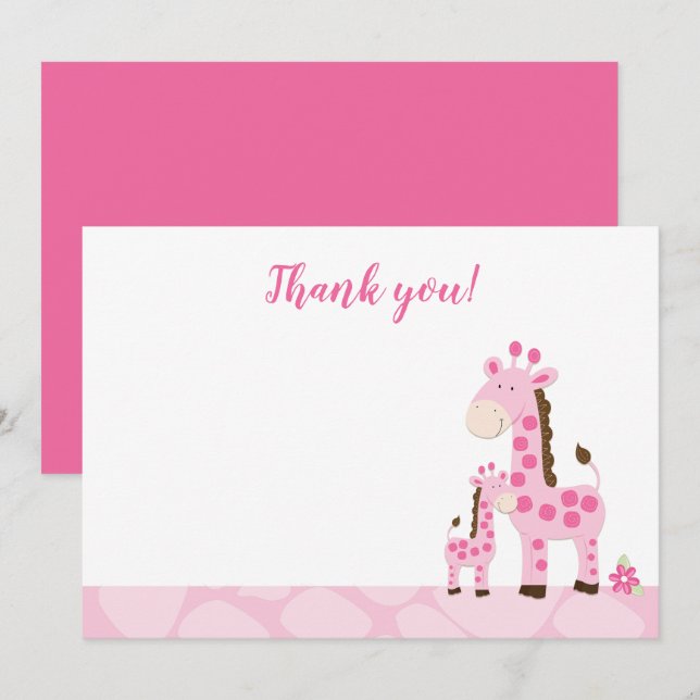Pink Giraffe Mommy Baby Shower Thank You Card Flat (Front/Back)