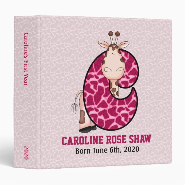 Pink Giraffe Monogram "C" Baby Scrapbook Binder (Front/Spine)