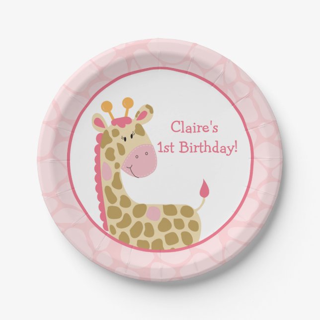 Pink Giraffe Paper Plate with Customization (Front)