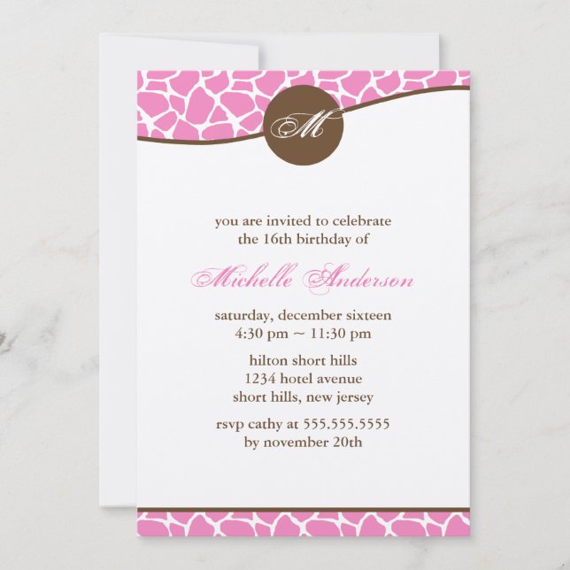 Pink Giraffe Print Birthday Invitation (Front)