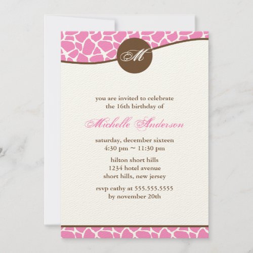 Pink Giraffe Print Birthday Custom Invites
