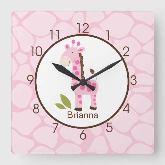 Pink Giraffe Print Personalized Nursery Clock (Front)