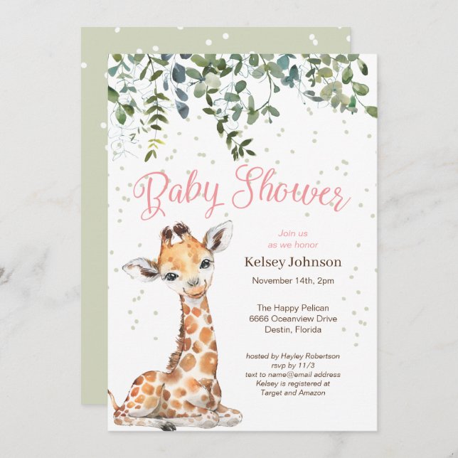 Pink Giraffe Safari Baby Shower Invitation (Front/Back)