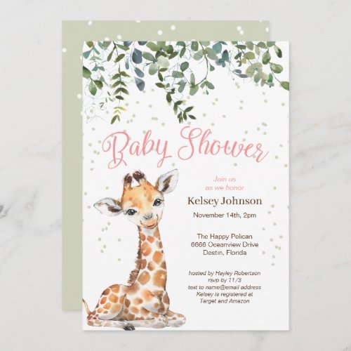 Pink Giraffe Safari Baby Shower Invitation