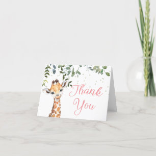 Pink Giraffe Safari Baby Shower Letterpress Thank You Card