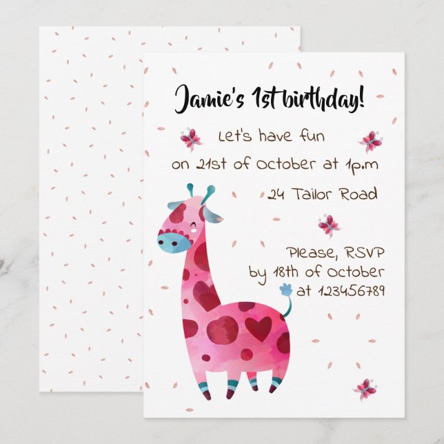 Pink giraffe themed birthday party invitation (Front/Back)