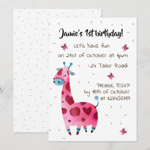 Pink giraffe themed birthday party invitation