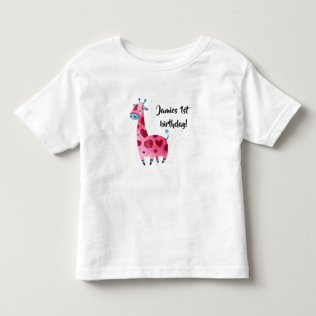 Pink giraffe themed birthday party outfit design toddler t-shirt (Front)