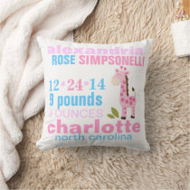 Pink Giraffe with Pink Zig Zag Birth Announcement Throw Pillow
