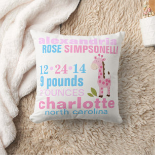 Pink Giraffe with Pink Zig Zag Birth Announcement Throw Pillow