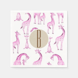 Pink Giraffes Baby Shower Monogram Letter Initial Paper Napkins