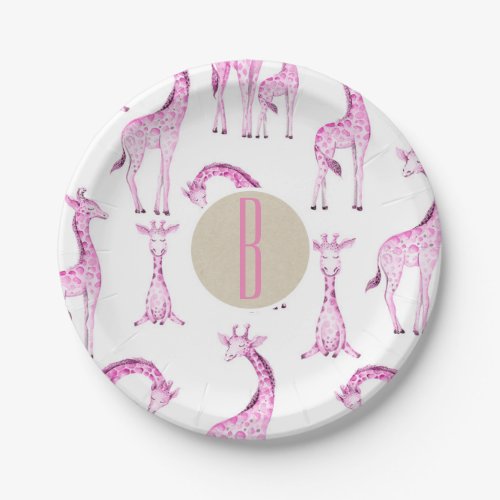 Pink Giraffes Baby Shower Monogram Letter Initial Paper Plates
