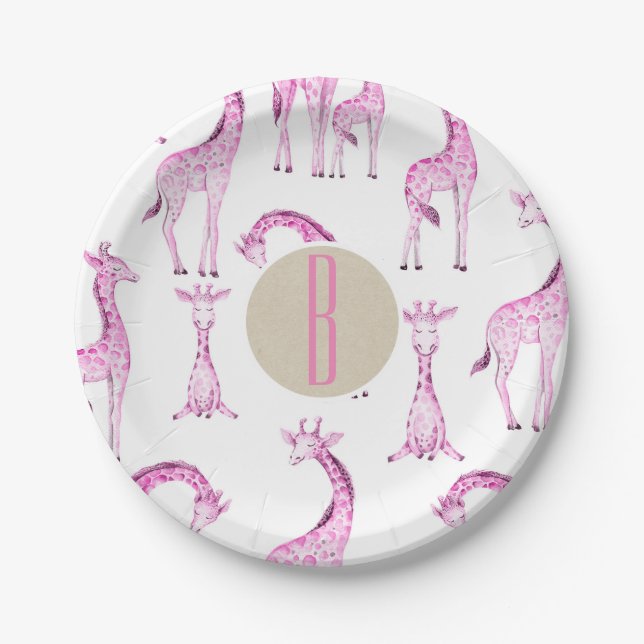 Pink Giraffes Baby Shower Monogram Letter Initial Paper Plates (Front)