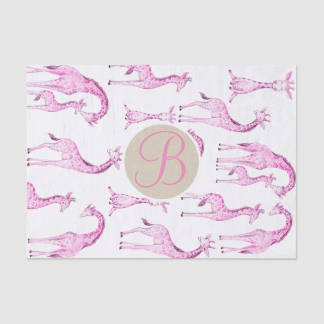Pink Giraffes Baby Shower Monogram Letter Initial Tissue Paper (Front)