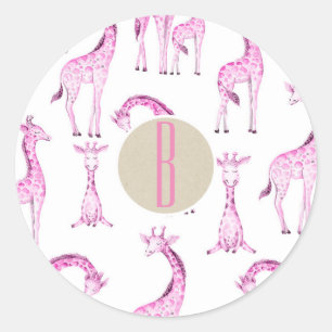 Pink Giraffes Baby Shower Monogram Party Favor Classic Round Sticker