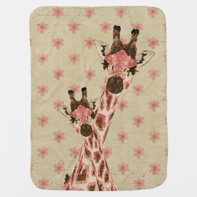 Pink Giraffes Floral  Baby Blanket (Front)
