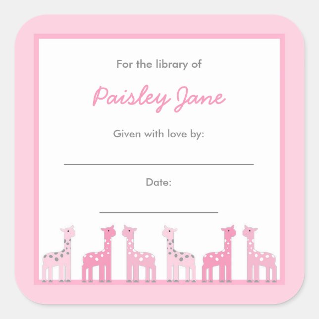 Pink Giraffes Girl Baby Shower Bookplates (Front)