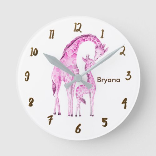 Pink Giraffes Jungle Nursery Room Personalized Round Clock