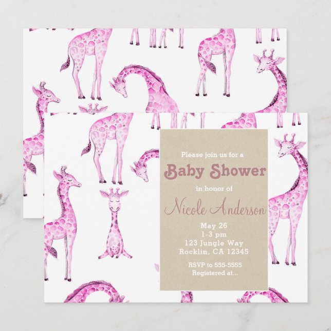 Pink Giraffes & Kraft Safari Whimsical Baby Shower Invitation (Front/Back)