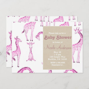 Pink Giraffes & Kraft Safari Whimsical Baby Shower Invitation