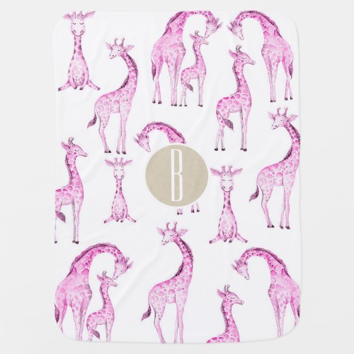 Pink Giraffes Whimsical Rustic Kraft Monogram Stroller Blanket