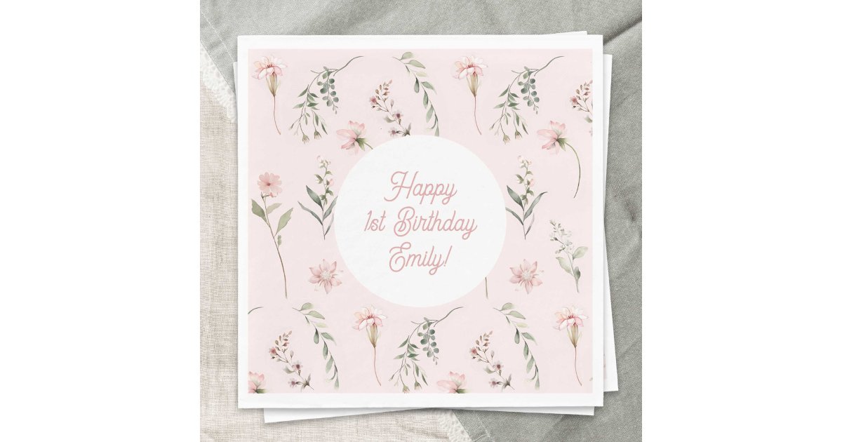 Pink Girl 1st Birthday Wildflower and Greenery Napkins | Zazzle