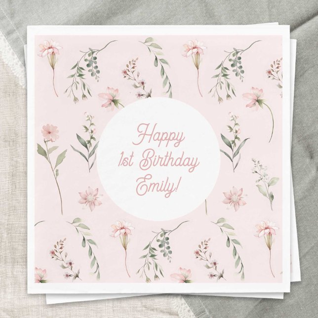 Pink Girl 1st Birthday Wildflower and Greenery Napkins (Watercolor Wildflower, Pink baby Girl 1st BIrthday paper napkins.)