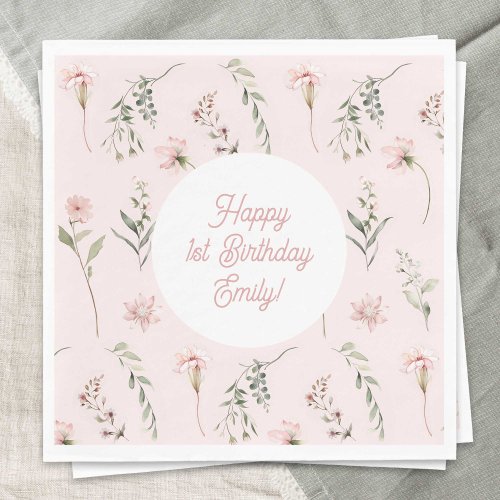 Pink Girl 1st Birthday Wildflower and Greenery Napkins