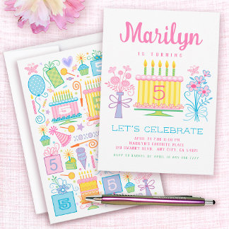 Pink Girl 5th Birthday Invitation