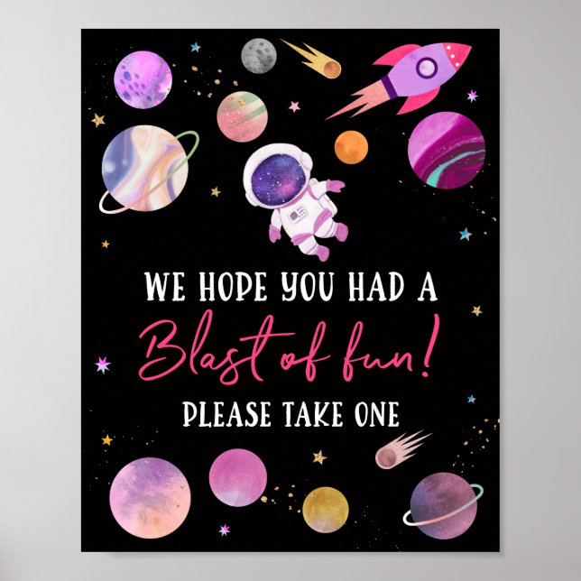 Pink Girl Astronaut Blast of Fun Birthday Favor Poster (Front)