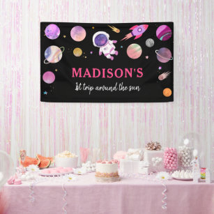 Pink Girl Astronaut Outer Space Birthday Banner