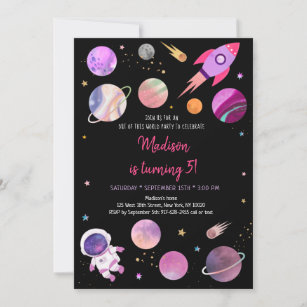 Pink Girl Astronaut Outer Space Birthday Invitation